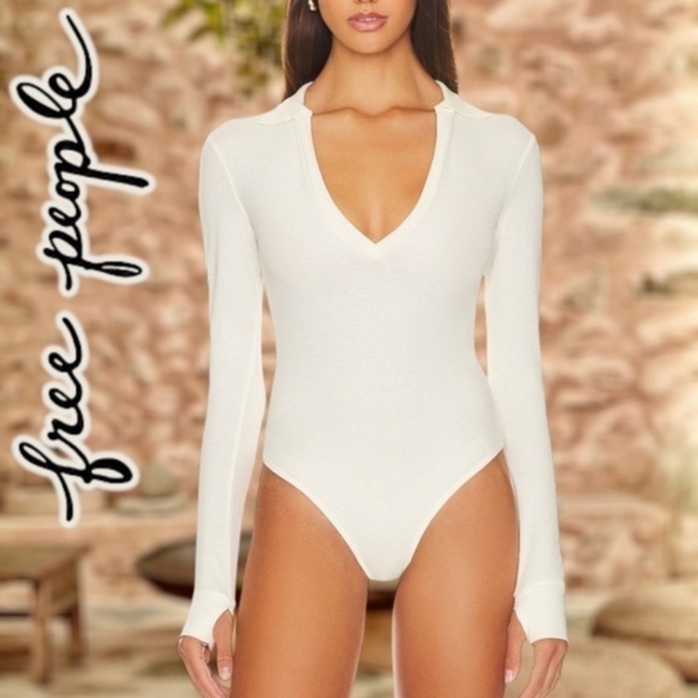 FREE PEOPLE NWT Do It Right Collared Deep V-Neck Long Sleeve Thong Bodysuit/MD